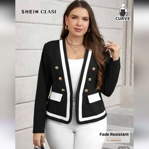 SHEIN Curve Women's 3X Clasi Contrast Trim Button Detail Blazer